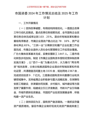 市国资委2024年工作情况总结及2025年工作计划