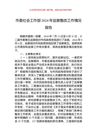 市委社会工作部2024年巡察整改工作情况报告