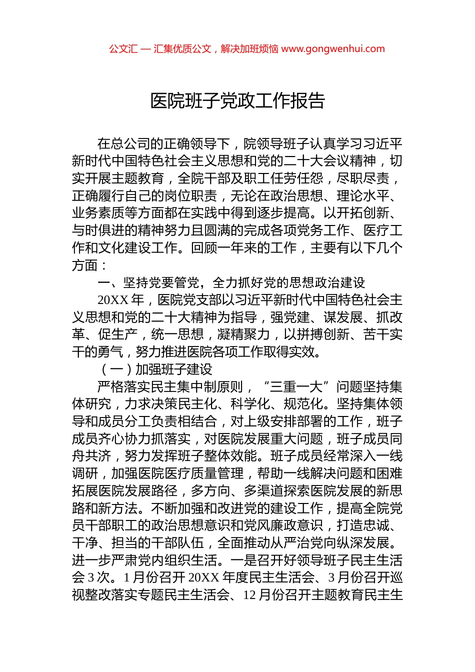 医院班子党政工作报告_第1页