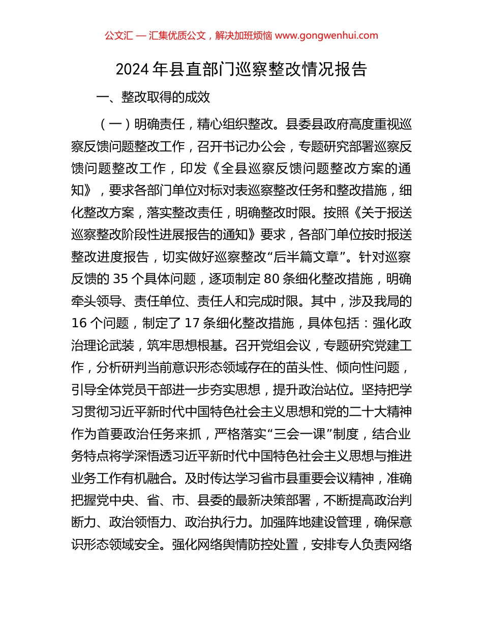 2024年县直部门巡察整改情况报告_第1页