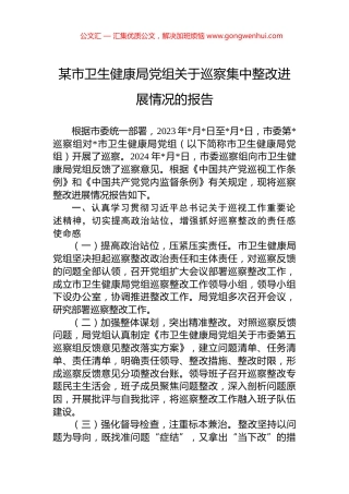 某市卫生健康局党组关于巡察集中整改进展情况的报告 (2)