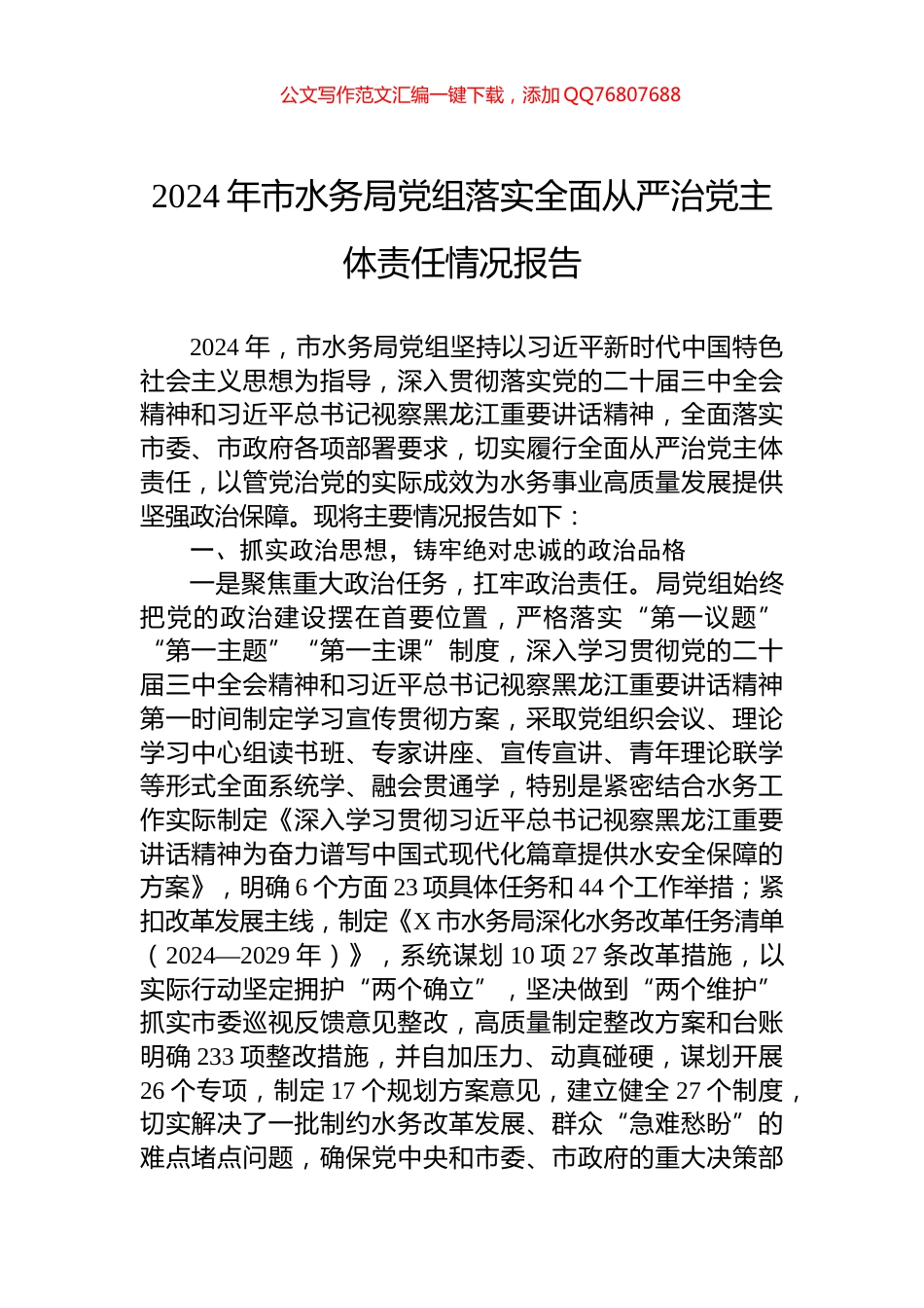 2024年市水务局党组落实全面从严治党主体责任情况报告_第1页