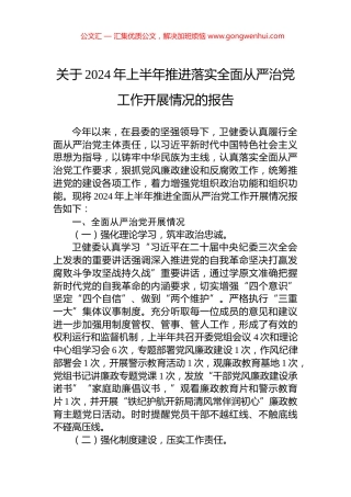 关于2024年上半年推进落实全面从严治党工作开展情况的报告