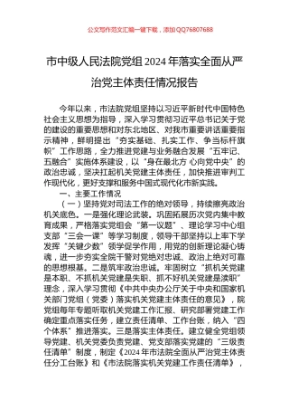 市中级人民法院党组2024年落实全面从严治党主体责任情况报告