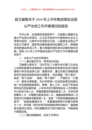 县卫健委关于2024年上半年推进落实全面从严治党工作开展情况的报告