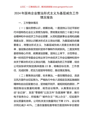 2024年国有企业整治形式主义为基层减负工作情况报告