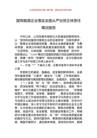 2024年国有能源企业落实全面从严治党主体责任情况报告