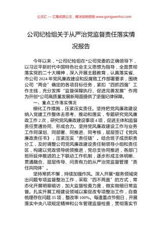 公司纪检组关于从严治党监督责任落实情况报告