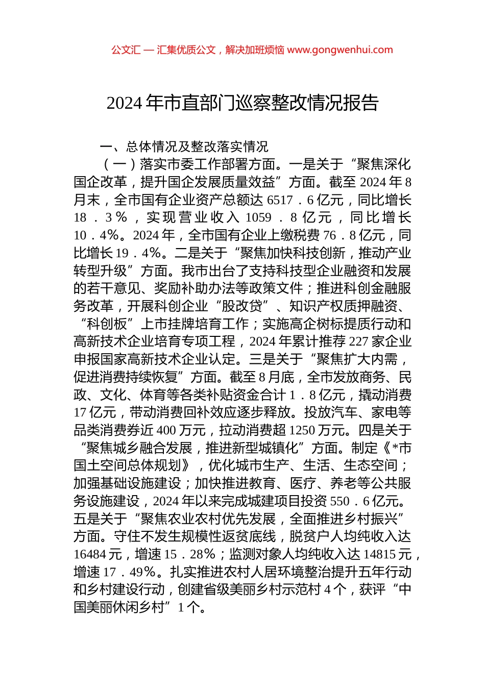 2024年市直部门巡察整改情况报告 (2)_第1页