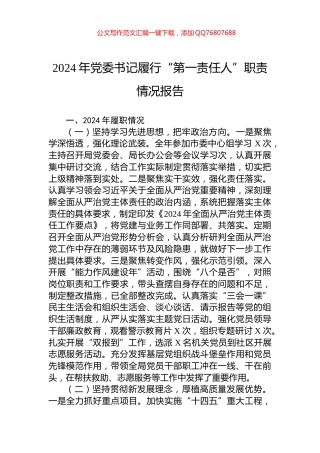 2024年党委书记履行“第一责任人”职责情况报告