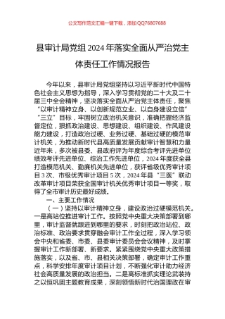 县审计局党组2024年落实全面从严治党主体责任工作情况报告