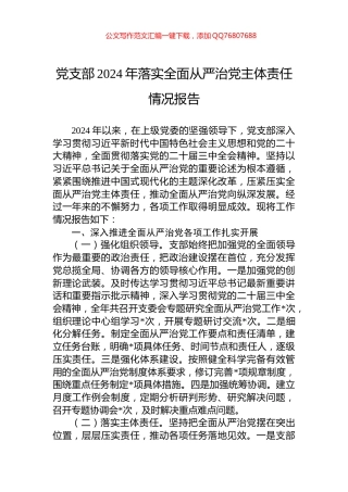 党支部2024年落实全面从严治党主体责任情况报告