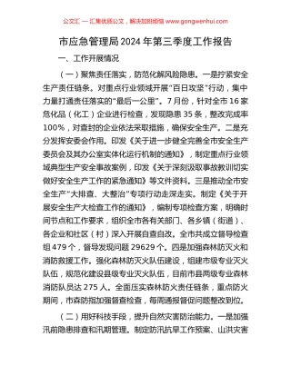 市应急管理局2024年第三季度工作报告
