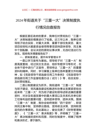 2024年街道关于“三重一大”决策制度执行情况自查报告
