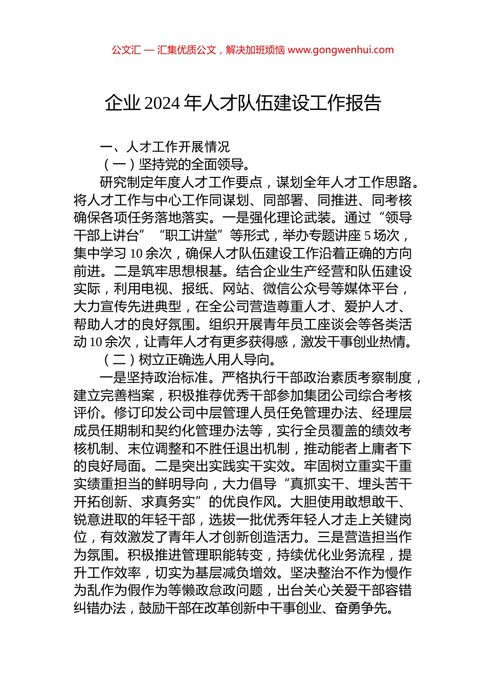 企业2024年人才队伍建设工作报告_第1页