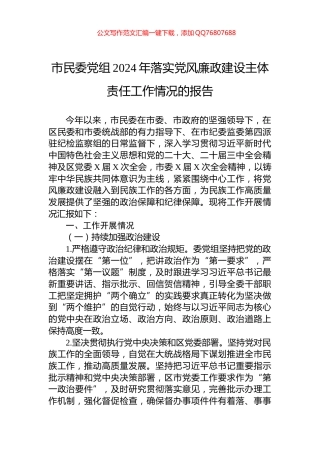 市民委党组2024年落实党风廉政建设主体责任工作情况的报告