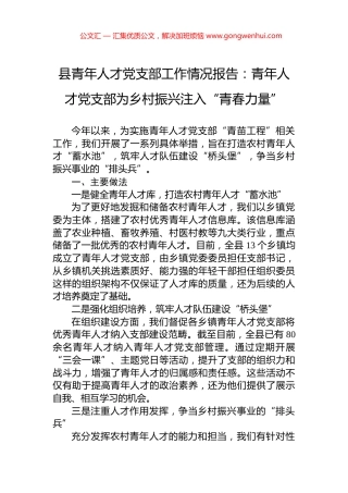 县青年人才党支部工作情况报告：青年人才党支部为乡村振兴注入“青春力量”