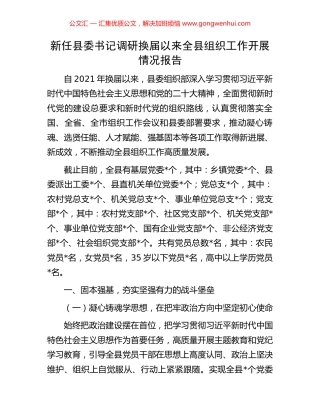 新任县委书记调研换届以来全县组织工作开展情况报告