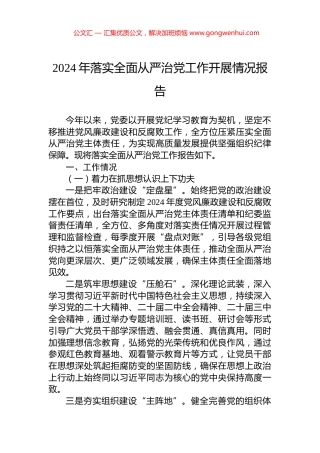 2024年落实全面从严治党工作开展情况报告
