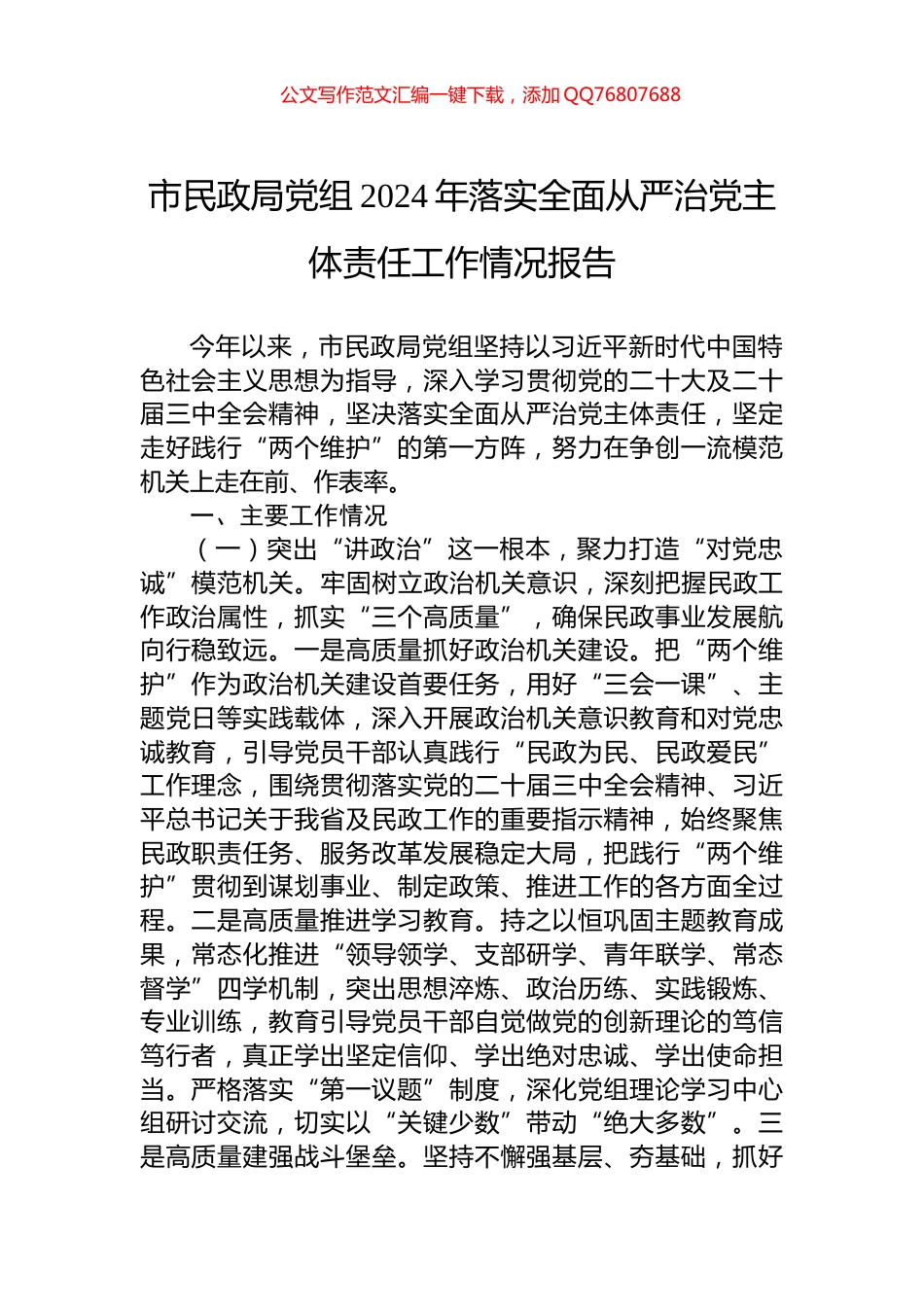 市民政局党组2024年落实全面从严治党主体责任工作情况报告_第1页