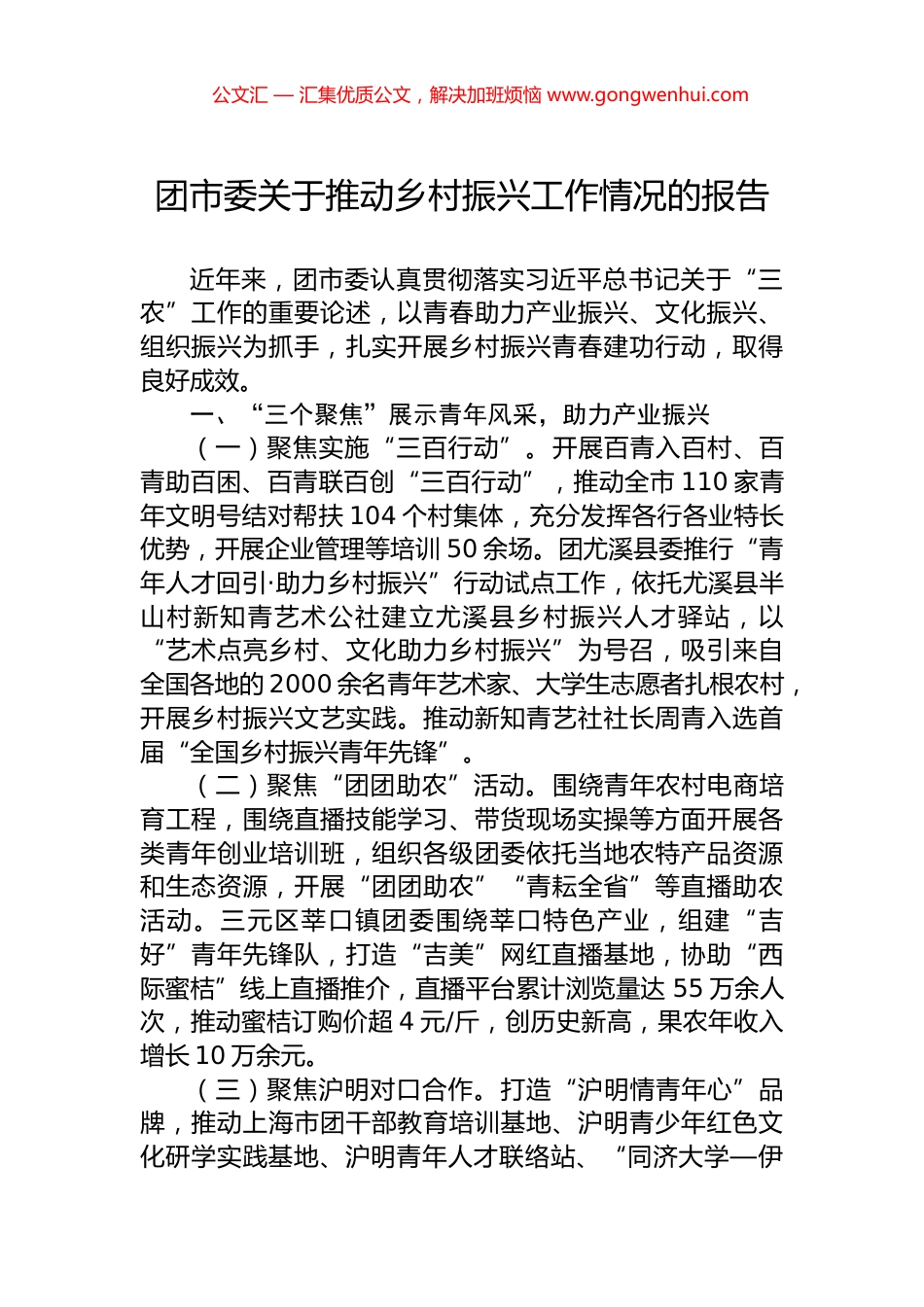 团市委关于推动乡村振兴工作情况的报告_第1页