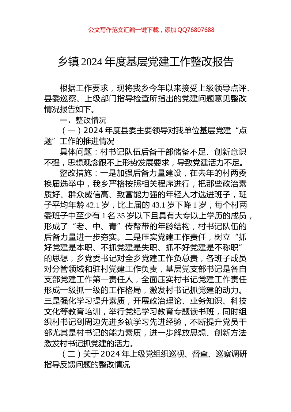 乡镇2024年度基层党建工作整改报告_第1页