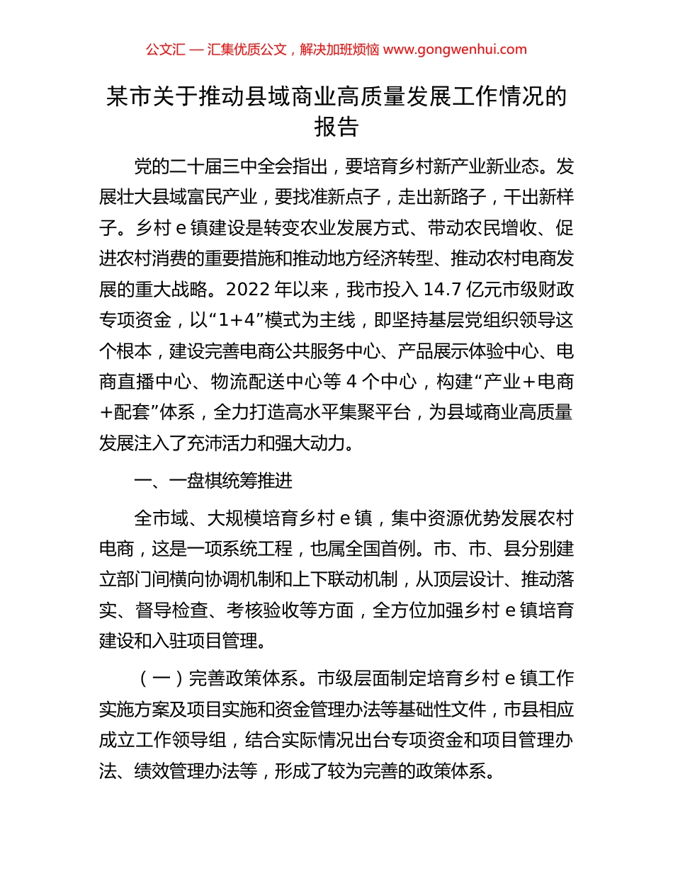 某市关于推动县域商业高质量发展工作情况的报告_第1页