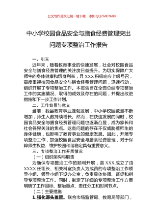 中小学校园食品安全与膳食经费管理突出问题专项整治工作报告