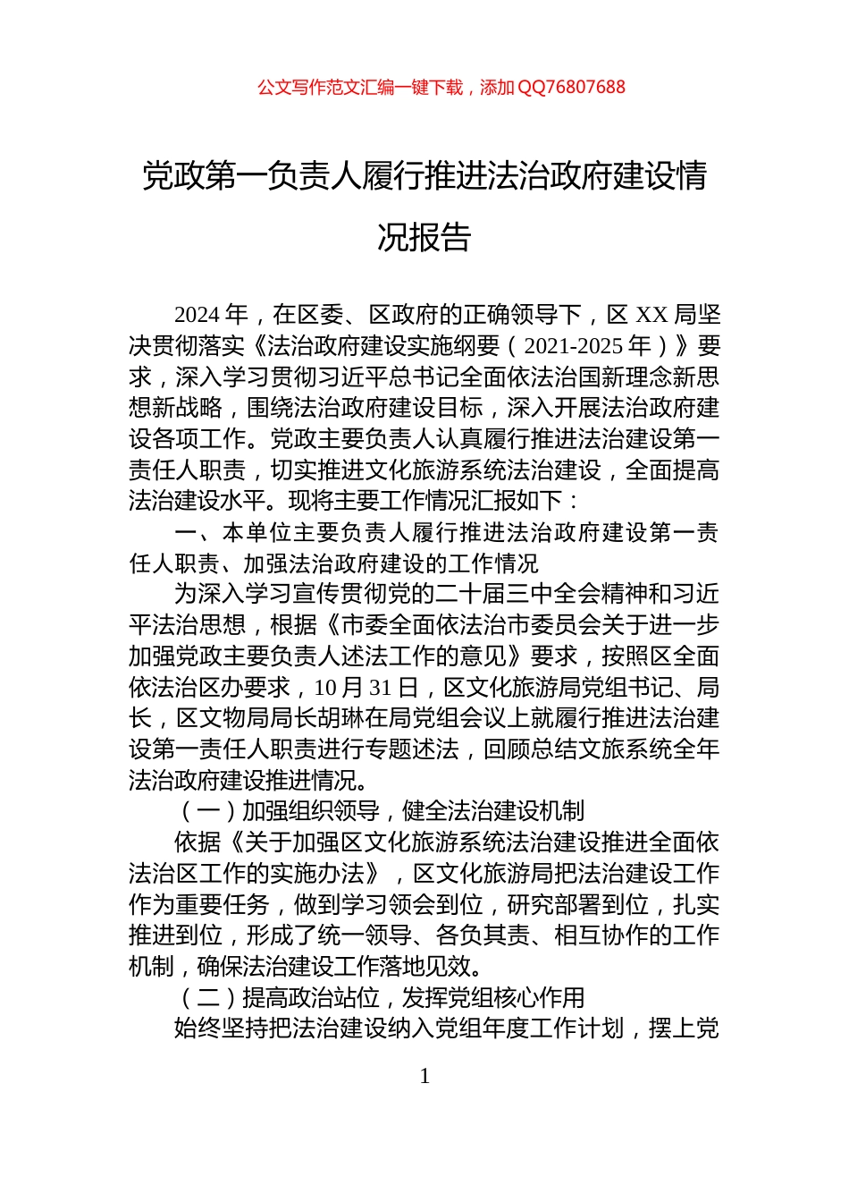 党政第一负责人履行推进法治政府建设情况报告_第1页