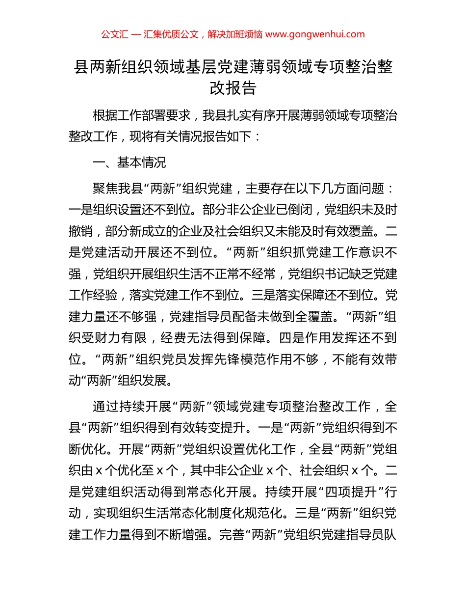 县两新组织领域基层党建薄弱领域专项整治整改报告_第1页