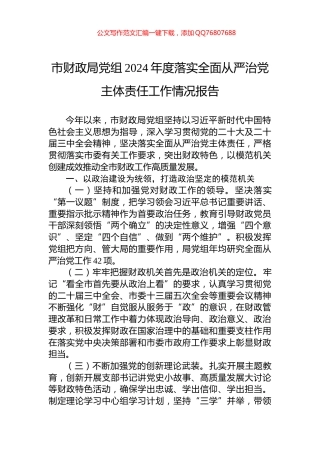 市财政局党组2024年度落实全面从严治党主体责任工作情况报告