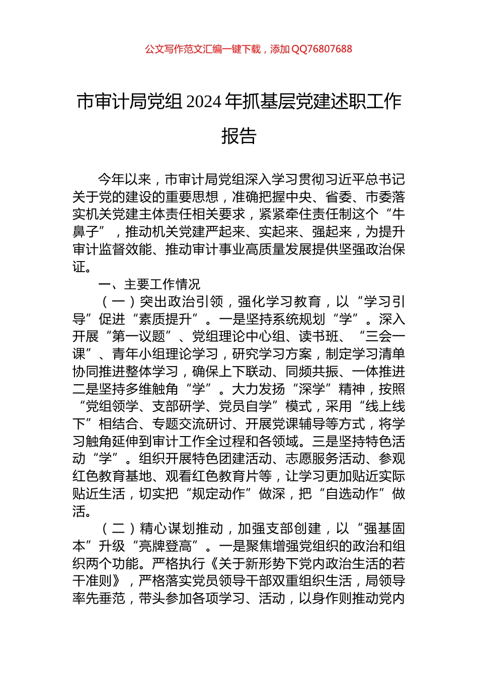 市审计局党组2024年抓基层党建述职工作报告_第1页
