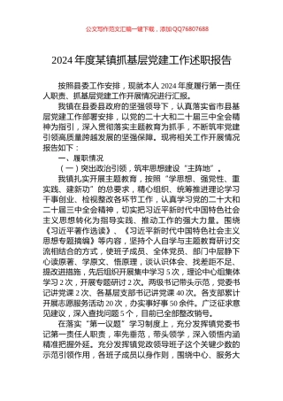 2024年度某镇抓基层党建工作述职报告