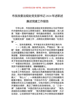市发改委法规处党支部书记2024年述职述廉述党建工作报告