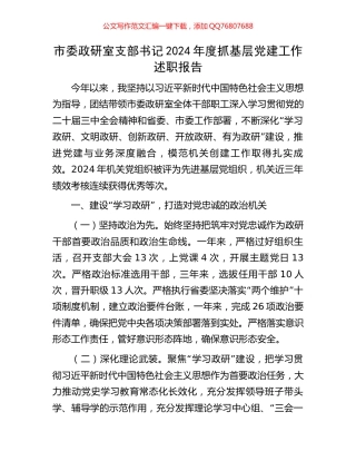 市委政研室支部书记2024年度抓基层党建工作述职报告