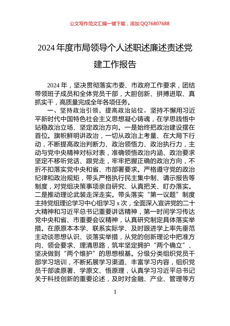 2024年度市局领导个人述职述廉述责述党建工作报告_第1页