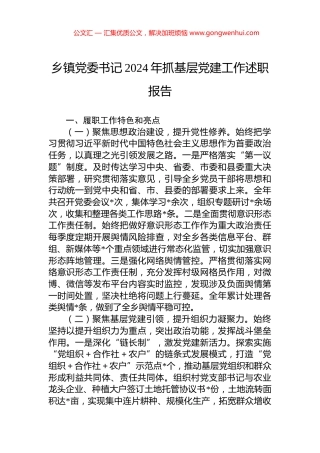 乡镇党委书记2024年抓基层党建工作述职报告