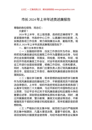 市长2024年上半年述责述廉报告