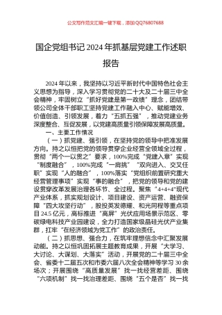 国企党组书记2024年抓基层党建工作述职报告