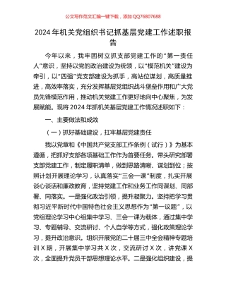 2024年机关党组织书记抓基层党建工作述职报告