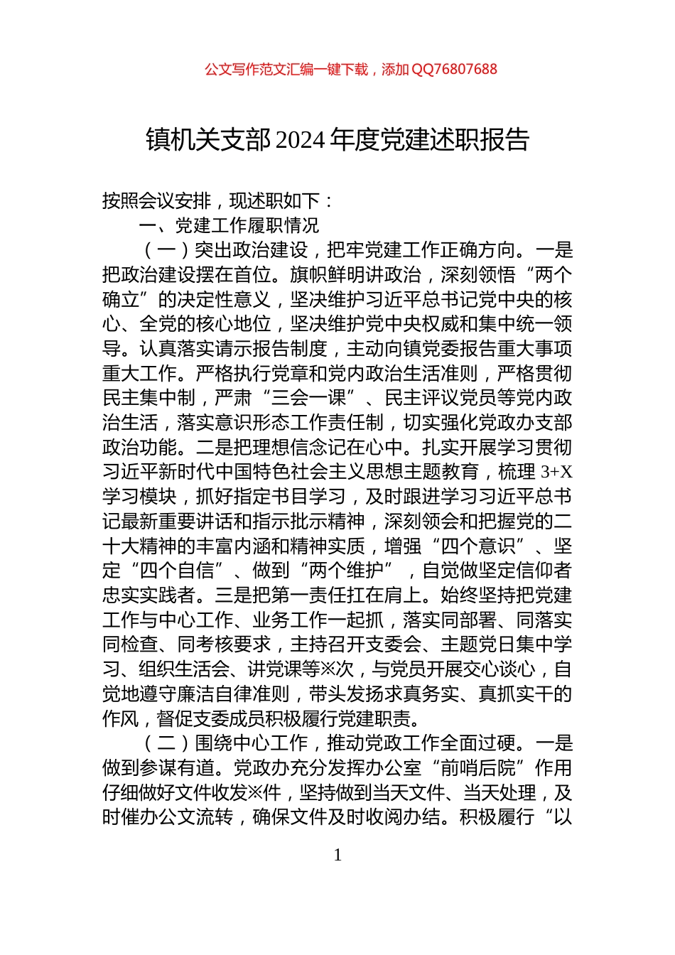 镇机关支部2024年度党建述职报告_第1页