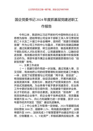 国企党委书记2024年度抓基层党建述职工作报告
