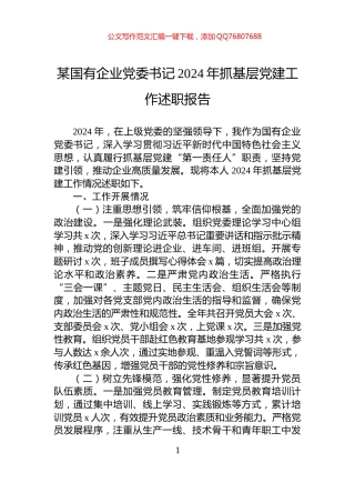 某国有企业党委书记2024年抓基层党建工作述职报告