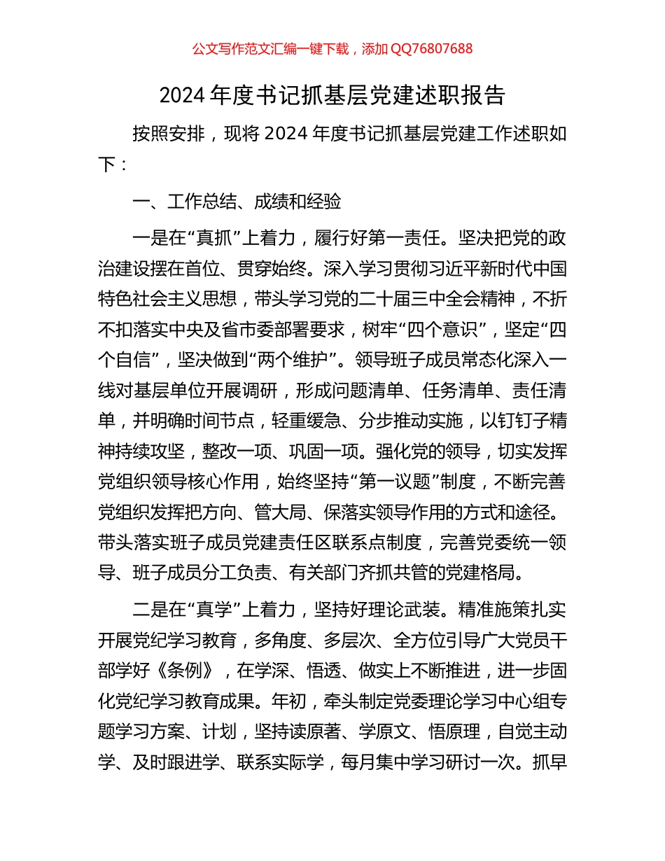 2024年度书记抓基层党建述职报告_第1页