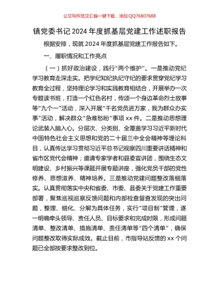 镇党委书记2024年度抓基层党建工作述职报告