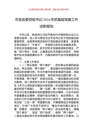 市发改委党组书记2024年抓基层党建工作述职报告