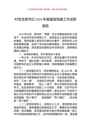 村党支部书记2024年度基层党建工作述职报告