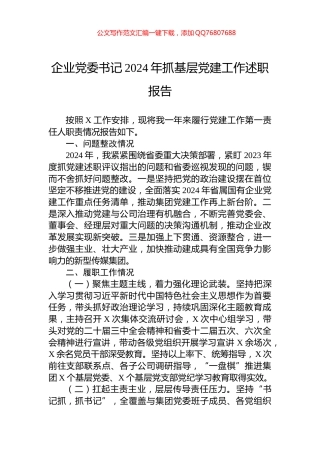 企业党委书记2024年抓基层党建工作述职报告