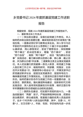 乡党委书记2024年度抓基层党建工作述职报告