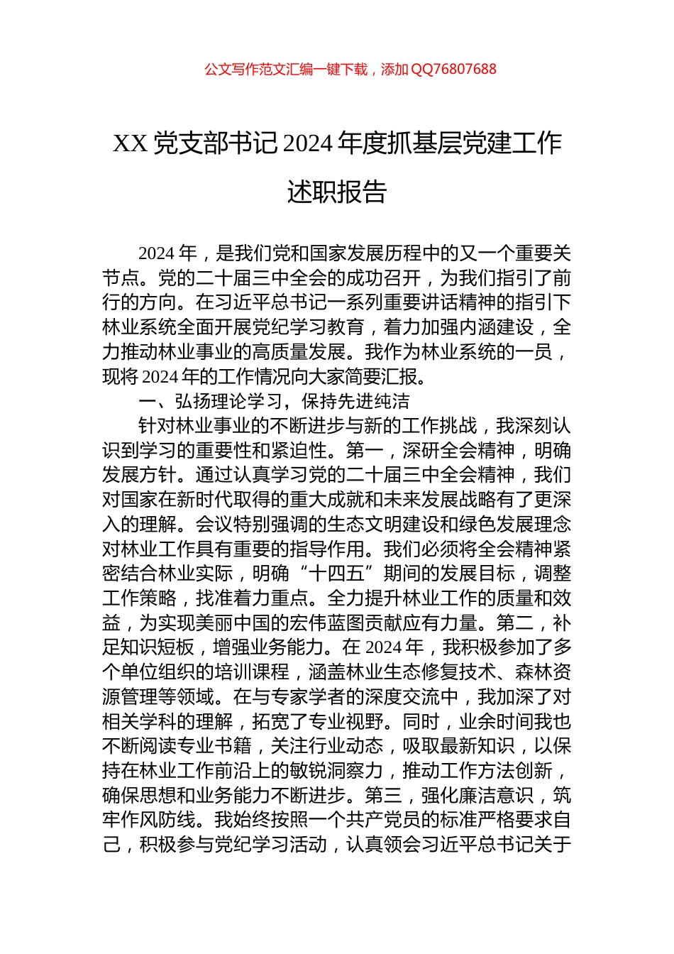 XX党支部书记2024年度抓基层党建工作述职报告_第1页